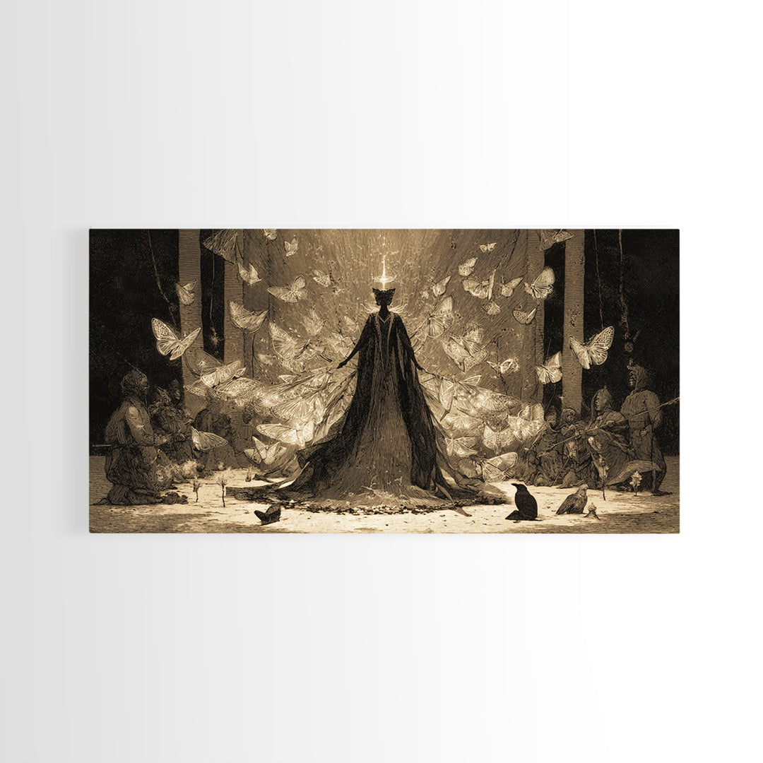 The Moth-Winged Empress, Expressionist Nightmare Art, Wide Panoramic Art, Dark Halloween Decor, Framed Canvas Print, Halloween Wall Art