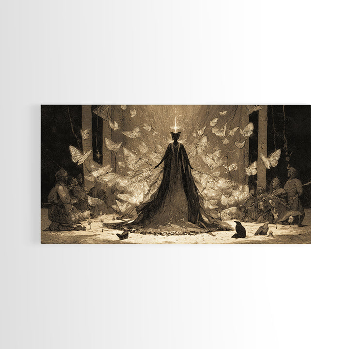 The Moth-Winged Empress, Expressionist Nightmare Art, Wide Panoramic Art, Dark Halloween Decor, Framed Canvas Print, Halloween Wall Art