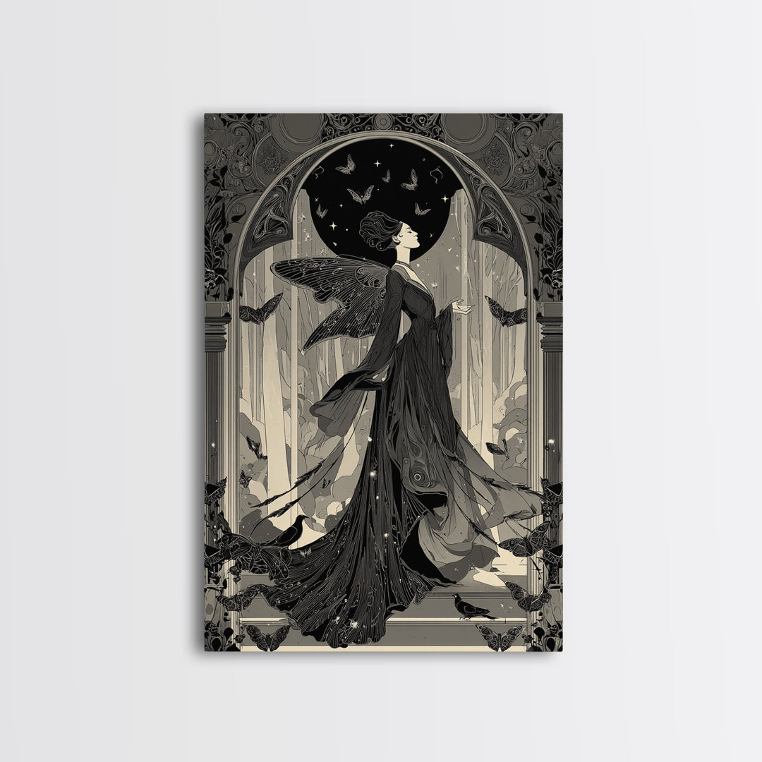 The Moth-Winged Empress, Decadent Line Art, Vertical Wall Art, Gothic Horror Wall Art, Framed Canvas Print, Halloween Wall Art