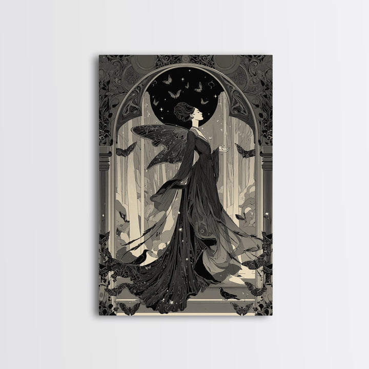 The Moth-Winged Empress, Decadent Line Art, Vertical Wall Art, Gothic Horror Wall Art, Framed Canvas Print, Halloween Wall Art
