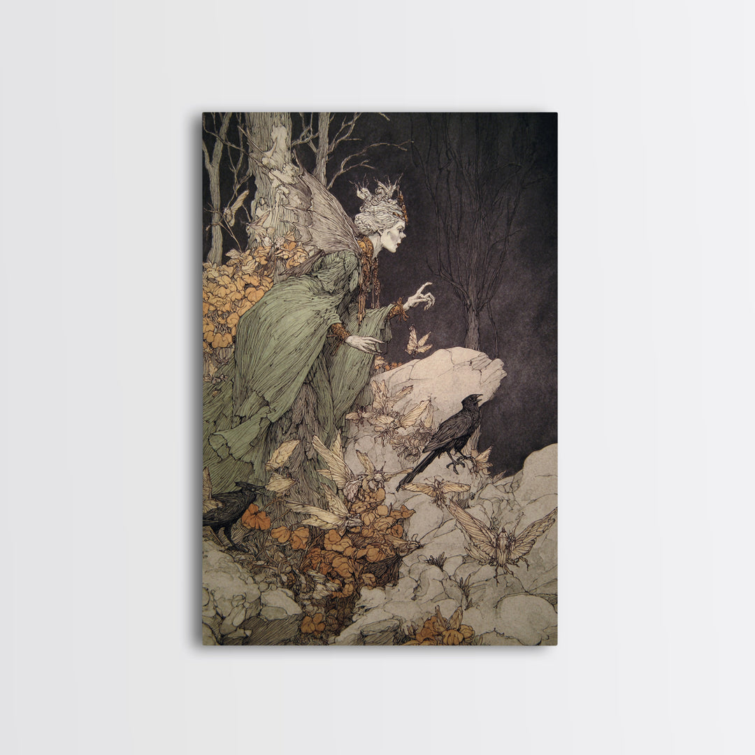 The Moth-Winged Empress, Gothic Storybook Art, Vertical Wall Art, Macabre Wall Art, Framed Canvas Print, Halloween Wall Art