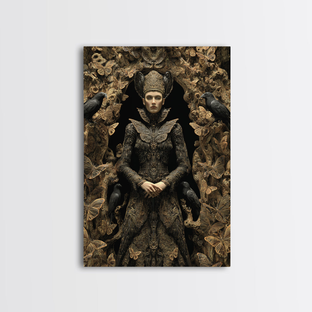 The Moth-Winged Empress, Biomechanical Horror Art, Vertical Wall Art, Gothic Horror Wall Art, Framed Canvas Print, Halloween Wall Art