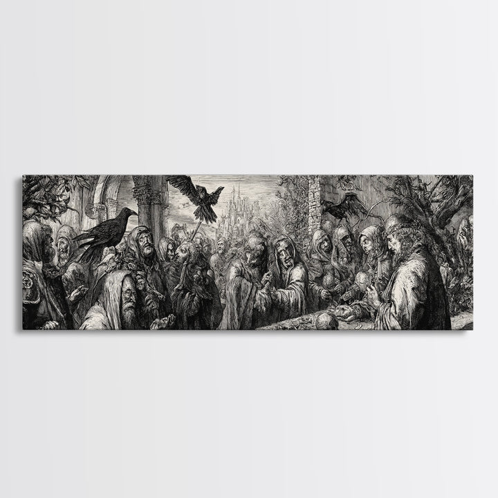 The Ash-Covered Oracle, Renaissance Engraving Art, Extra Wide Wall Art, Macabre Wall Art, Framed Canvas Print, Halloween Wall Art