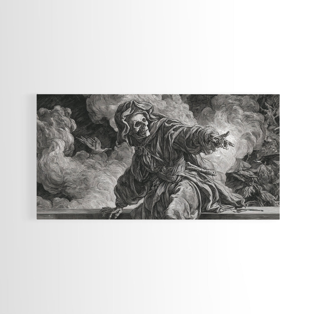 The Ash-Covered Oracle, Danse Macabre Art, Wide Panoramic Art, Dark Fantasy Wall Art, Canvas Print, Halloween Wall Art