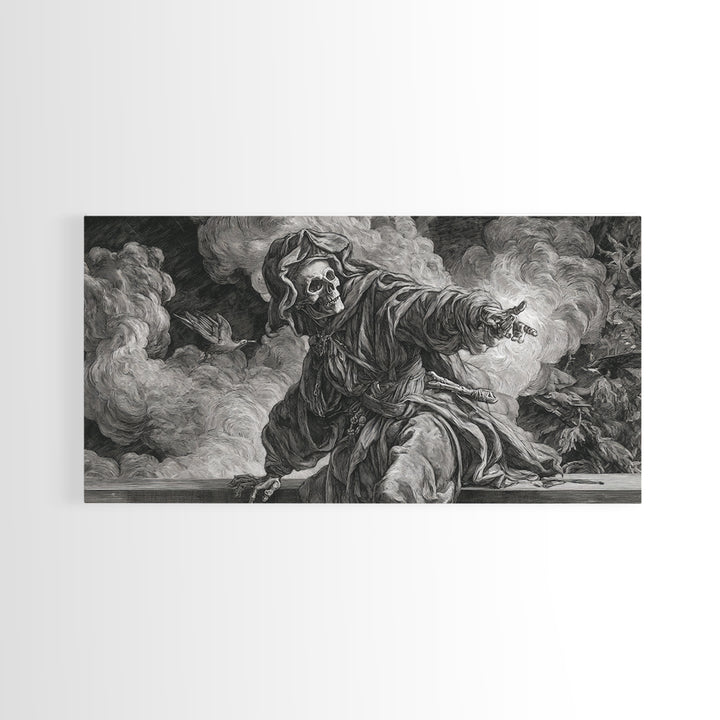 The Ash-Covered Oracle, Danse Macabre Art, Wide Panoramic Art, Dark Fantasy Wall Art, Canvas Print, Halloween Wall Art