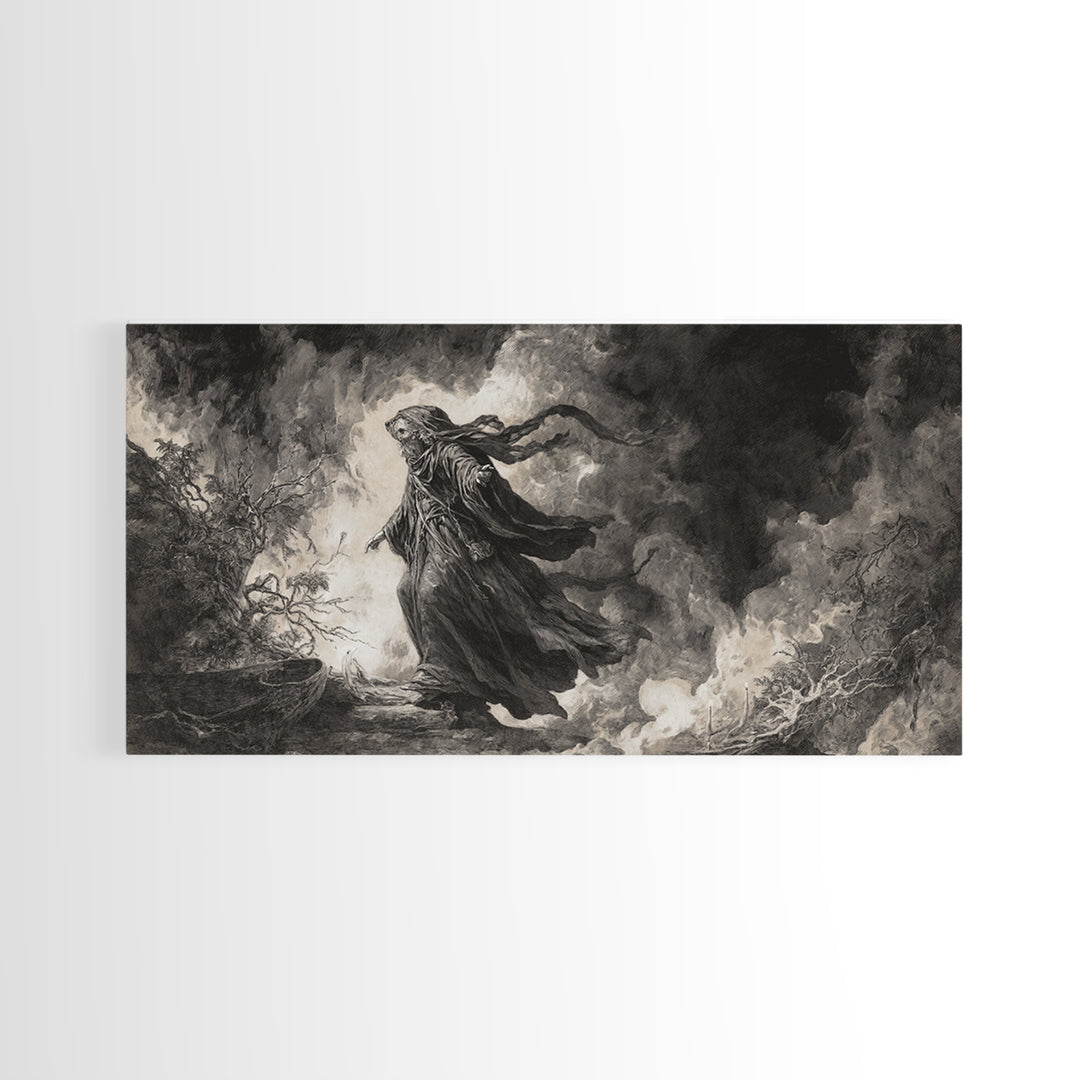 The Ash-Covered Oracle, Baroque Witchcraft Art, Wide Panoramic Art, Gothic Horror Wall Art, Framed Canvas Print, Halloween Wall Art