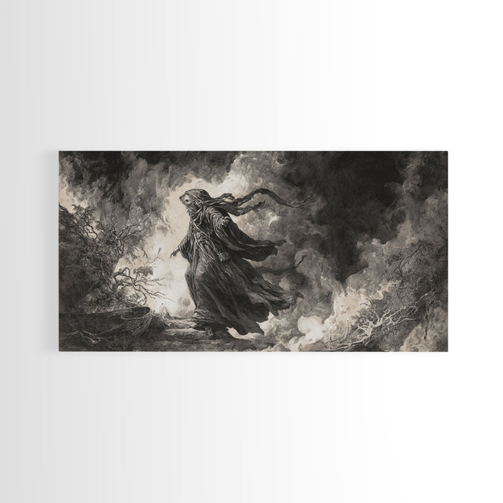 The Ash-Covered Oracle, Baroque Witchcraft Art, Wide Panoramic Art, Gothic Horror Wall Art, Framed Canvas Print, Halloween Wall Art