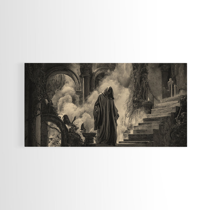The Ash-Covered Oracle, Architectural Etching Art, Wide Panoramic Art, Dark Fantasy Wall Art, Framed Canvas Print