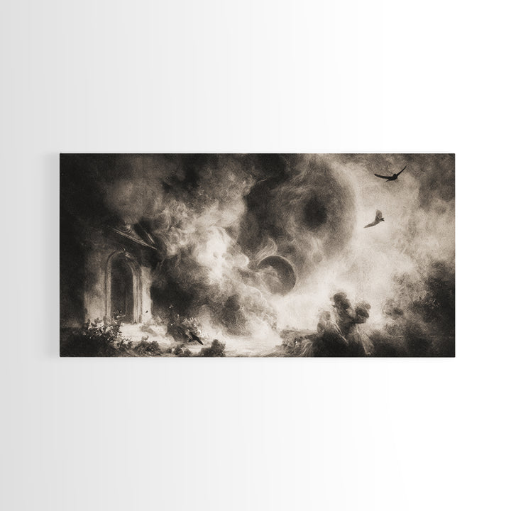 The Ash-Covered Oracle, Symbolist Dream Art, Wide Panoramic Art, Dark Halloween Decor, Framed Canvas Print, Halloween Wall Art
