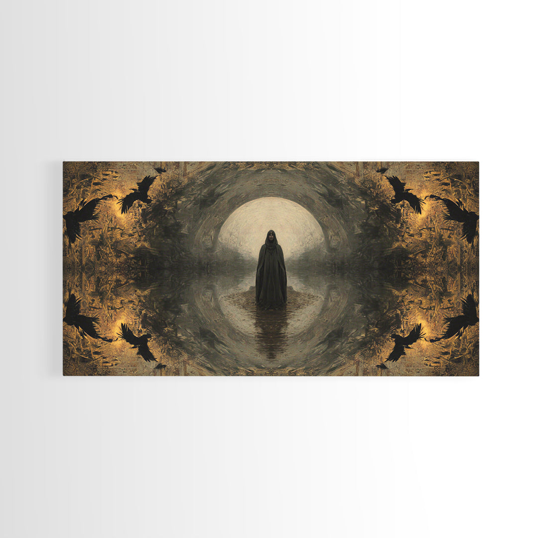 The Ash-Covered Oracle, Symbolist Gothic Landscape, Wide Panoramic Art, Dark Fantasy Wall Art, Canvas Print, Halloween Wall Art