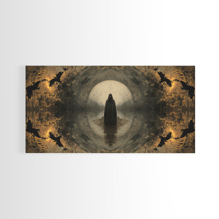 The Ash-Covered Oracle, Symbolist Gothic Landscape, Wide Panoramic Art, Dark Fantasy Wall Art, Canvas Print, Halloween Wall Art