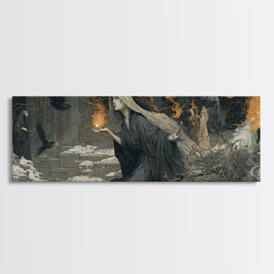 The Ash-Covered Oracle, Symbolist Death Art, Extra Wide Wall Art, Gothic Horror Wall Art, Canvas Print, Halloween Wall Art