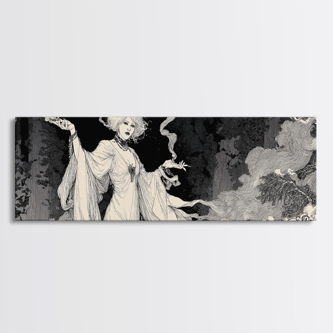 The Ash-Covered Oracle, Decadent Line Art, Extra Wide Wall Art, Gothic Horror Wall Art, Framed Canvas Print, Halloween Wall Art