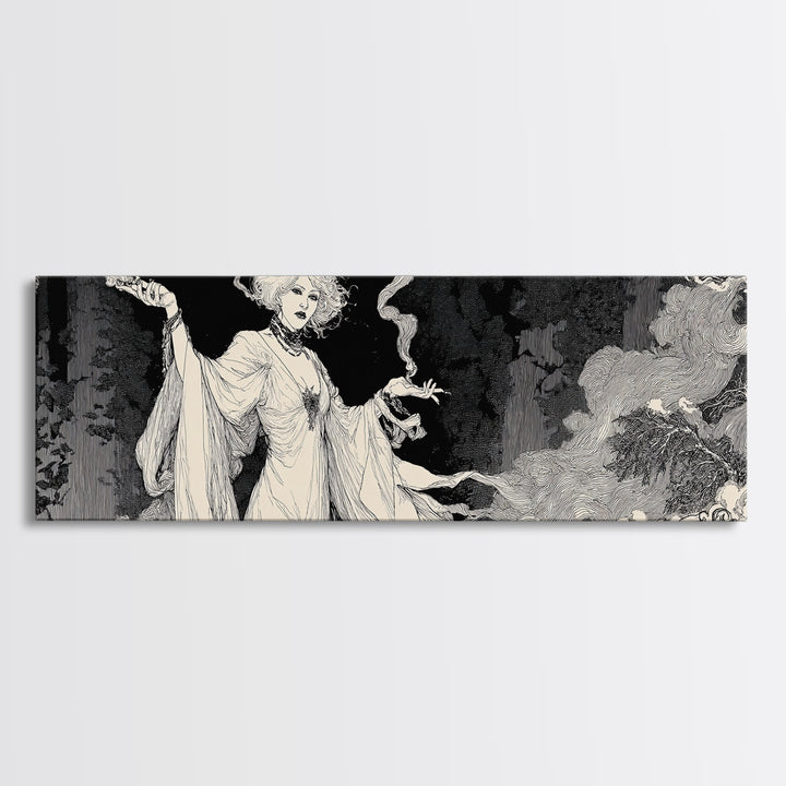 The Ash-Covered Oracle, Decadent Line Art, Extra Wide Wall Art, Gothic Horror Wall Art, Framed Canvas Print, Halloween Wall Art