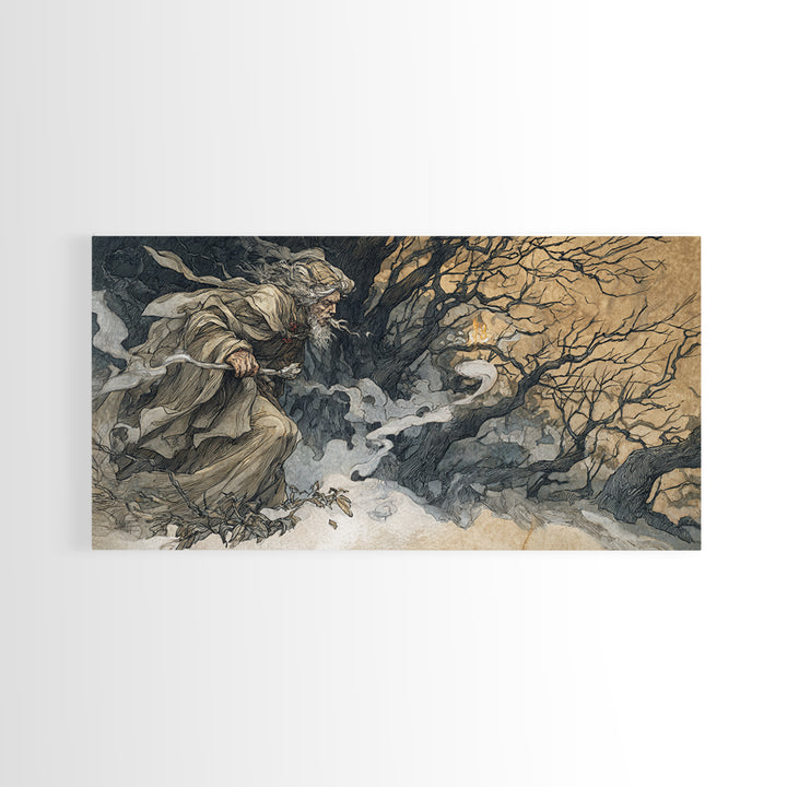 The Ash-Covered Oracle, Gothic Storybook Art, Wide Panoramic Art, Gothic Horror Wall Art, Framed Canvas Print, Halloween Wall Art