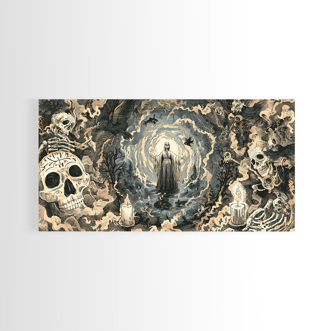 The Ash-Covered Oracle, Macabre Folk Print Art, Wide Panoramic Art, Gothic Horror Wall Art, Canvas Print, Halloween Wall Art