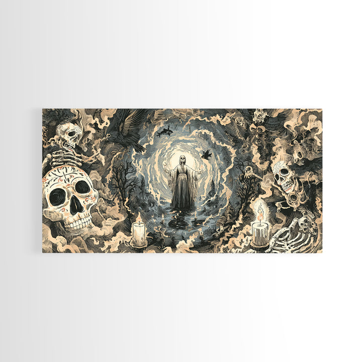 The Ash-Covered Oracle, Macabre Folk Print Art, Wide Panoramic Art, Gothic Horror Wall Art, Canvas Print, Halloween Wall Art
