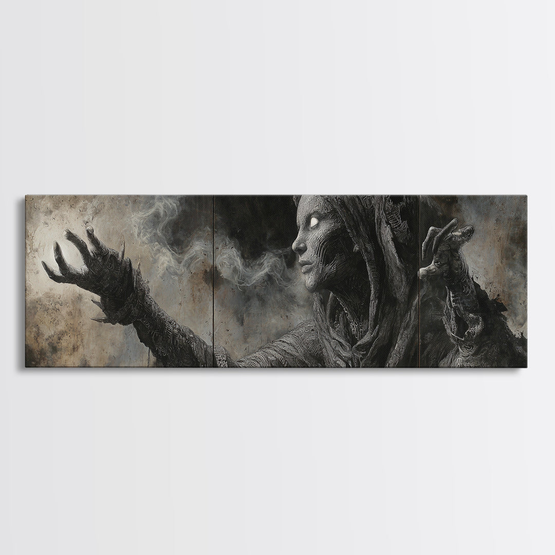 The Ash-Covered Oracle, Biomechanical Horror Art, Extra Wide Wall Art, Macabre Wall Art, Framed Canvas Print, Halloween Wall Art