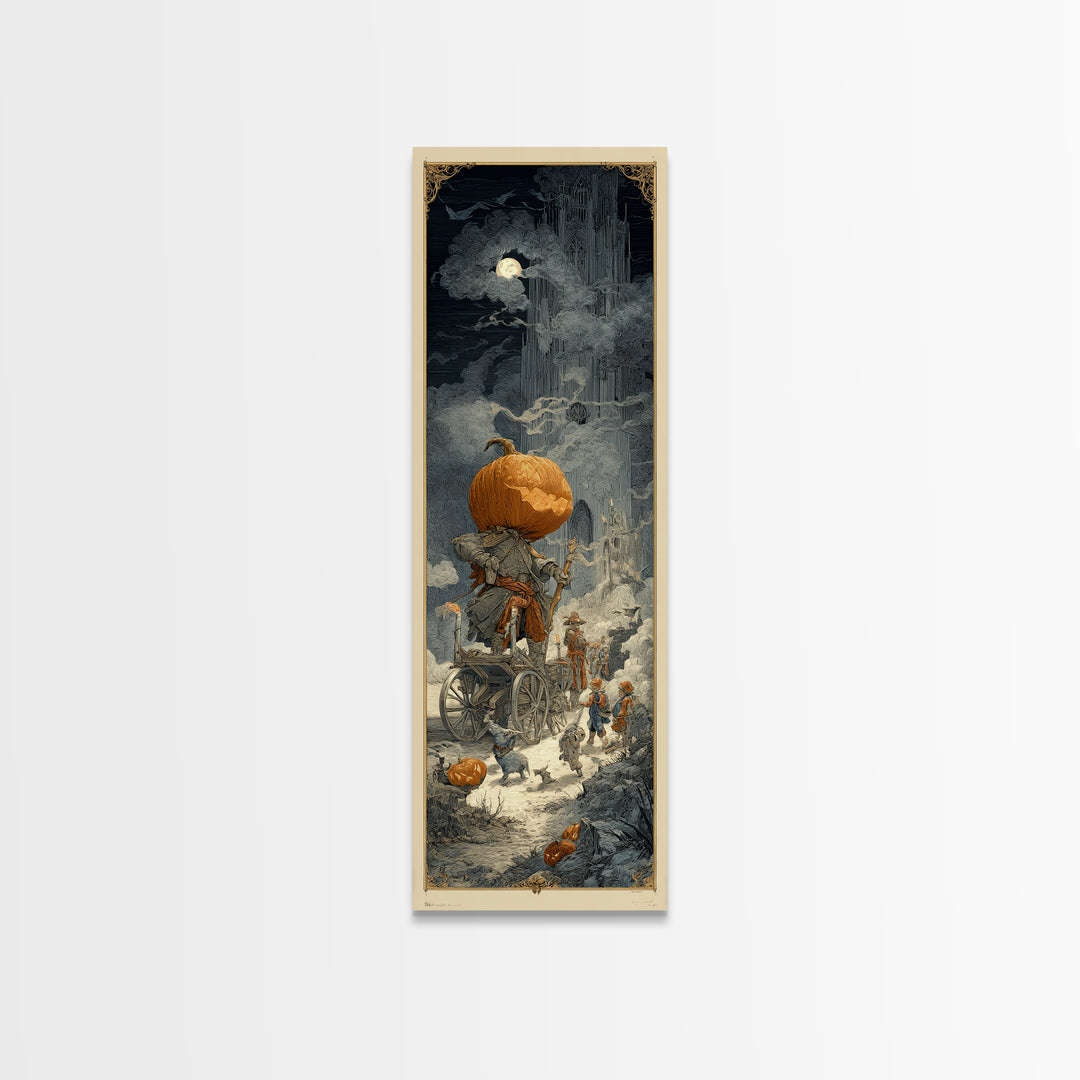 The Pumpkin-Headed Tea Merchant, Gothic Engraving Art, Tall Narrow Wall Art, Dark Fantasy Wall Art, Framed Canvas Print