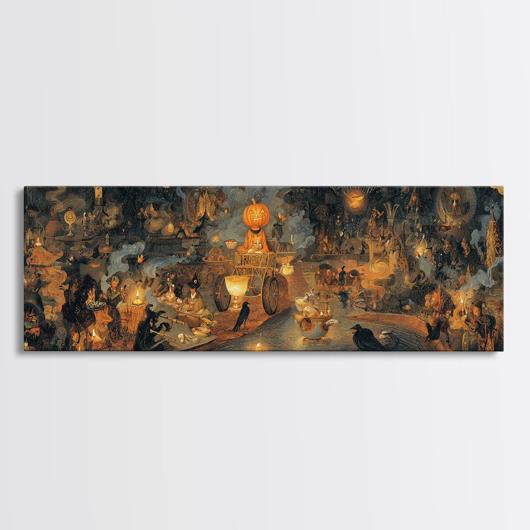 The Pumpkin-Headed Tea Merchant, Medieval Grotesque Art, Extra Wide Wall Art, Gothic Horror Wall Art, Canvas Print