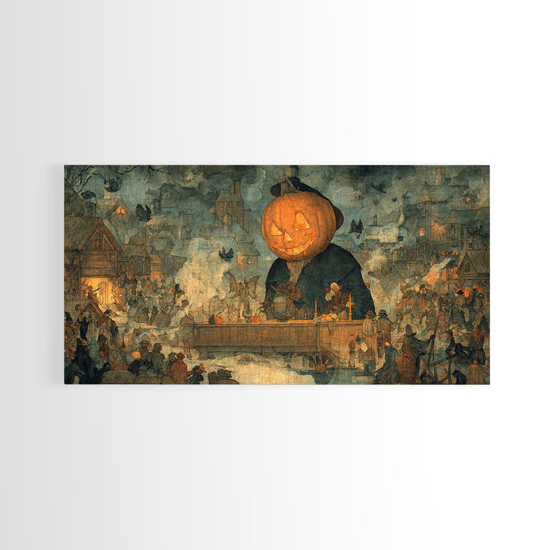 The Pumpkin-Headed Tea Merchant, Northern Renaissance Horror, Wide Panoramic Art, Gothic Horror Wall Art, Canvas Print