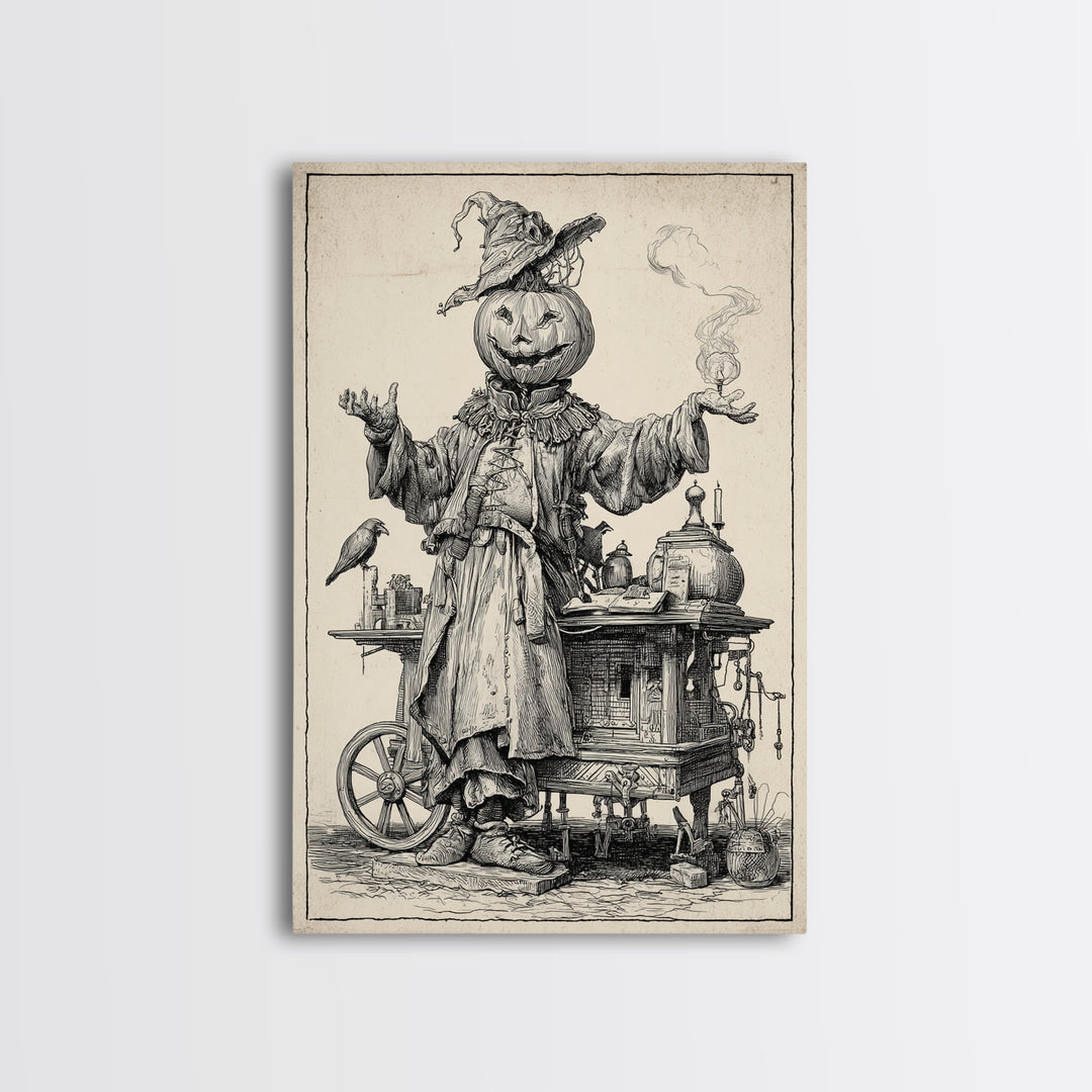 The Pumpkin-Headed Tea Merchant, Renaissance Engraving Art, Vertical Wall Art, Macabre Wall Art, Canvas Print, Halloween Wall Art
