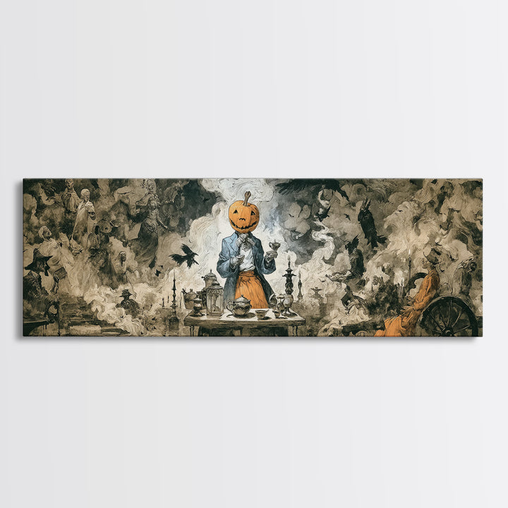 The Pumpkin-Headed Tea Merchant, Dark Romantic Horror Art, Extra Wide Wall Art, Gothic Horror Wall Art, Canvas Print, Halloween Wall Art