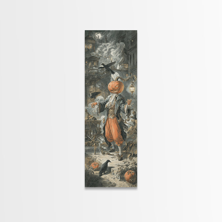 The Pumpkin-Headed Tea Merchant, Architectural Etching Art, Tall Narrow Wall Art, Dark Halloween Decor, Framed Canvas Print