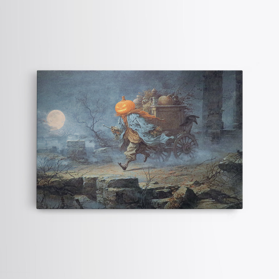 The Pumpkin-Headed Tea Merchant, Romantic Gothic Landscape, Landscape Wall Art, Dark Halloween Decor, Framed Canvas Print