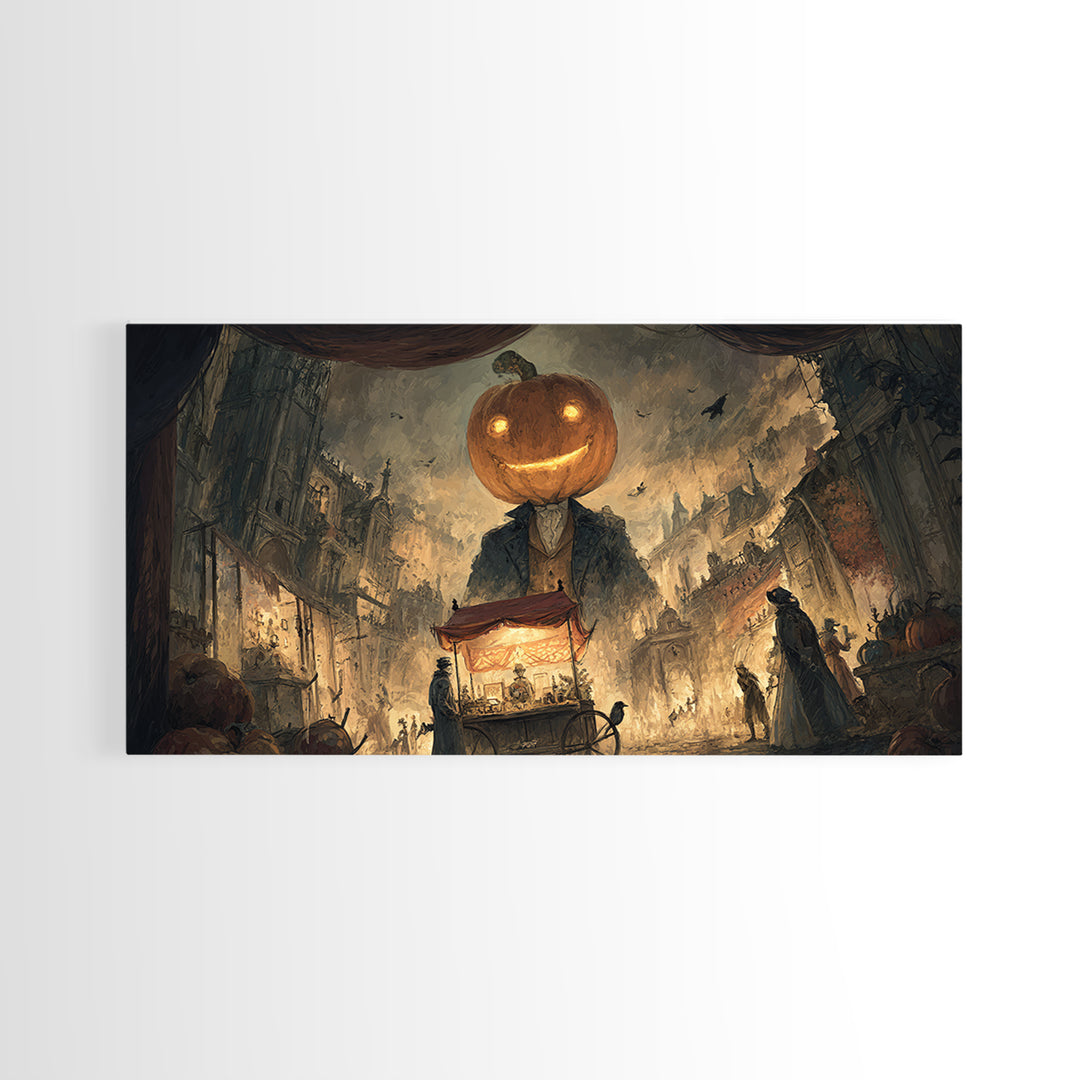 The Pumpkin-Headed Tea Merchant, Apocalyptic Romantic Art, Wide Panoramic Art, Dark Fantasy Wall Art, Framed Canvas Print, Halloween Decor