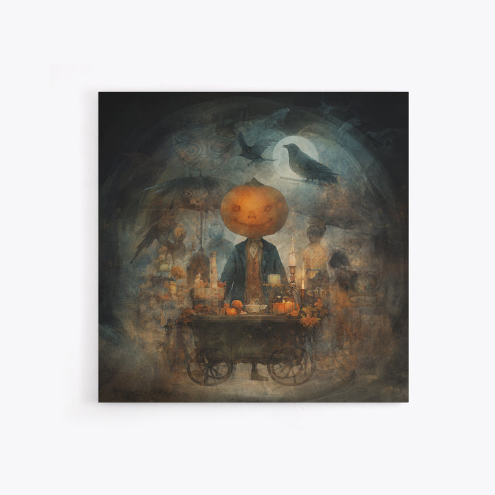 The Pumpkin-Headed Tea Merchant, Symbolist Dream Art, Square Wall Art, Dark Halloween Decor, Framed Canvas Print, Halloween Wall Art