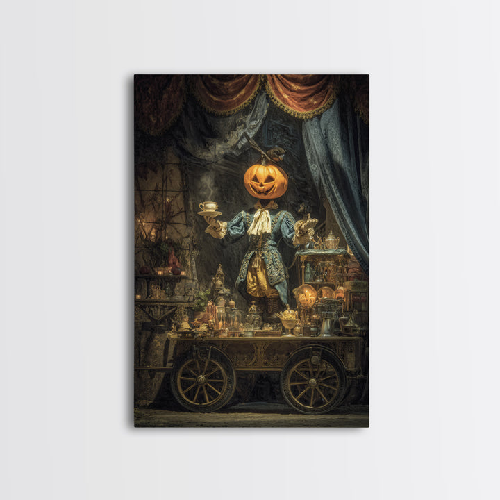 The Pumpkin-Headed Tea Merchant, Ornate Symbolist Art, Vertical Wall Art, Macabre Wall Art, Framed Canvas Print, Halloween Wall Art