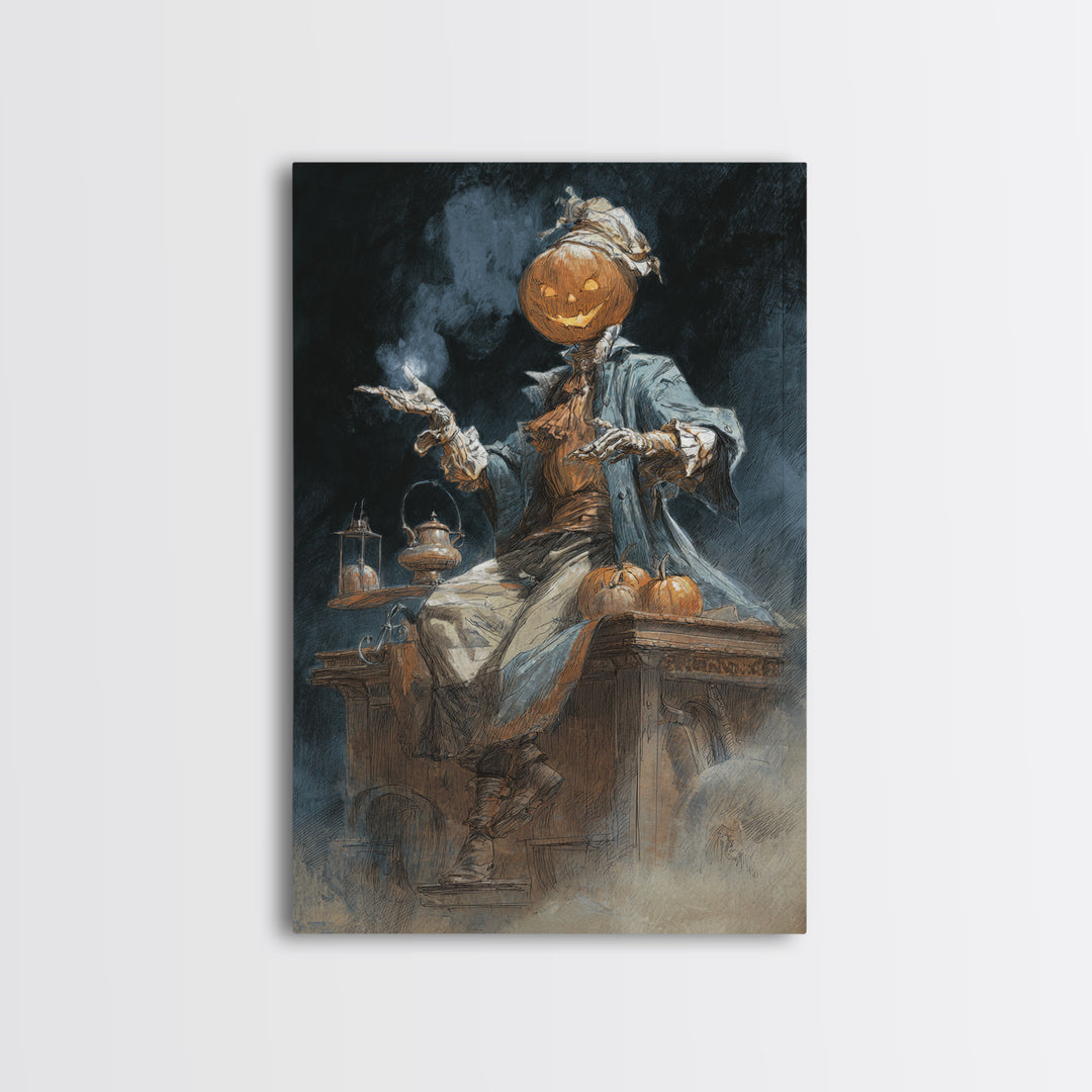 The Pumpkin-Headed Tea Merchant, Decadent Gothic Art, Vertical Wall Art, Dark Fantasy Wall Art, Canvas Print, Halloween Wall Art