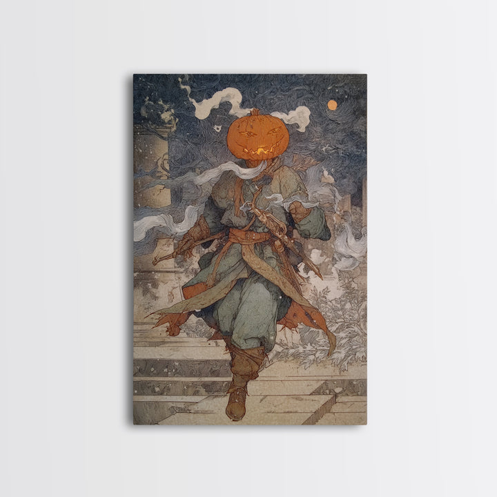The Pumpkin-Headed Tea Merchant, Symbolist Death Art, Vertical Wall Art, Macabre Wall Art, Canvas Print, Halloween Wall Art