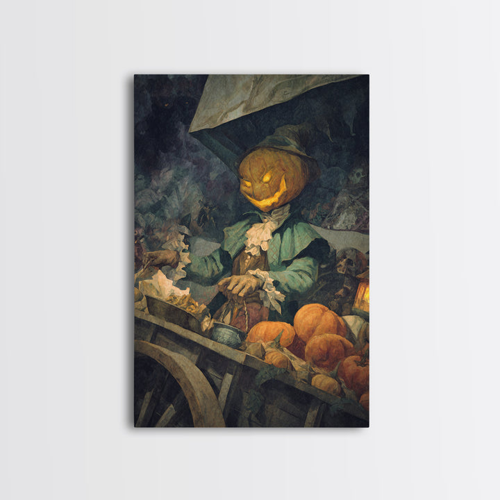 The Pumpkin-Headed Tea Merchant, Dark Symbolist Art, Vertical Wall Art, Dark Halloween Decor, Canvas Print, Halloween Wall Art