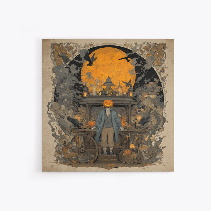 The Pumpkin-Headed Tea Merchant, Symbolist Etching Art, Square Wall Art, Macabre Wall Art, Framed Canvas Print, Halloween Wall Art