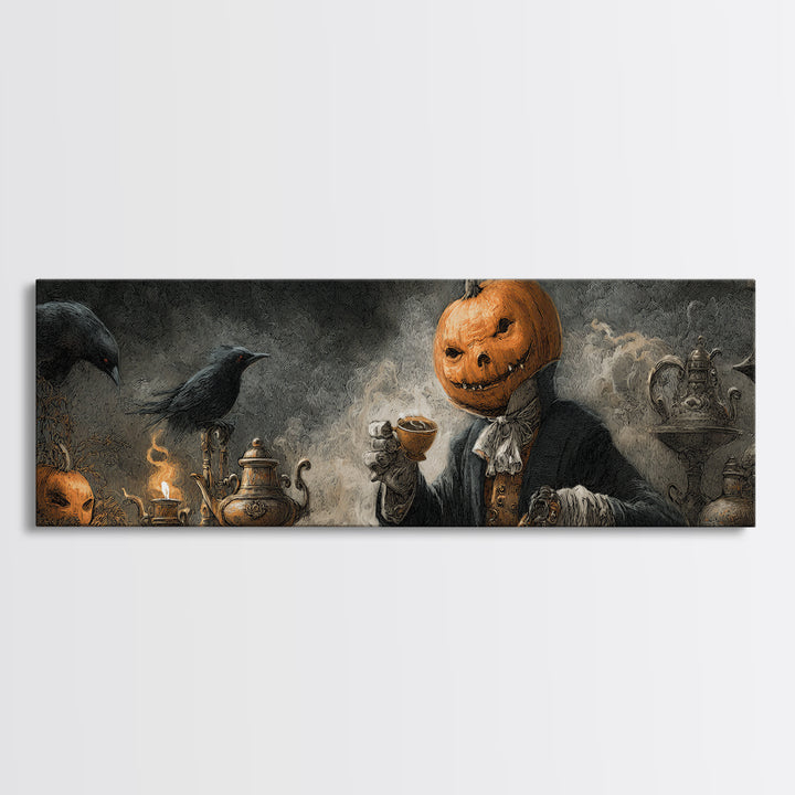 The Pumpkin-Headed Tea Merchant, Expressionist Nightmare Art, Extra Wide Wall Art, Gothic Horror Wall Art, Canvas Print, Halloween Wall Art