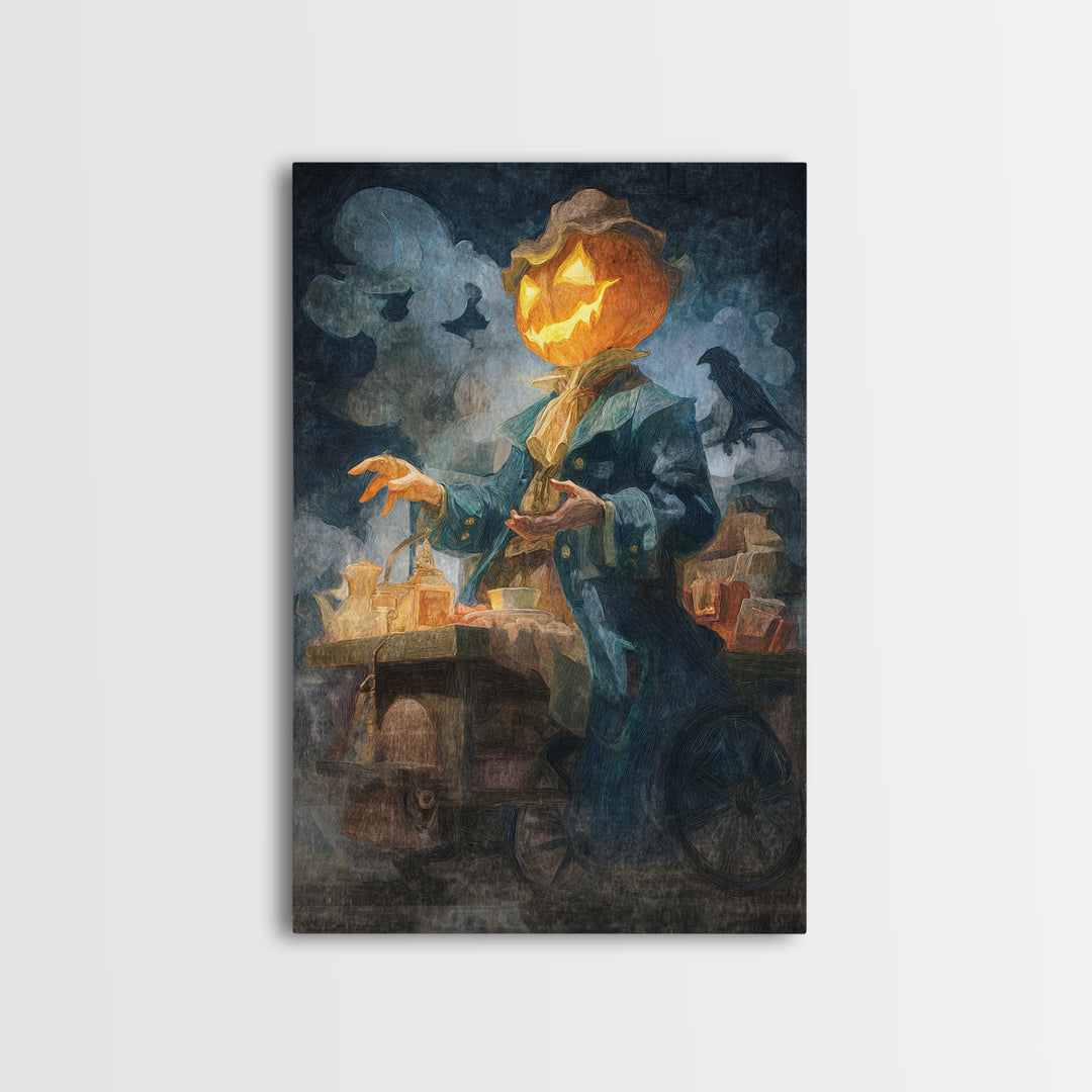The Pumpkin-Headed Tea Merchant, Expressionist Gothic Art, Vertical Wall Art, Dark Halloween Decor, Canvas Print, Halloween Wall Art