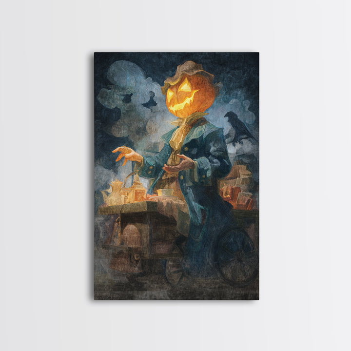 The Pumpkin-Headed Tea Merchant, Expressionist Gothic Art, Vertical Wall Art, Dark Halloween Decor, Canvas Print, Halloween Wall Art
