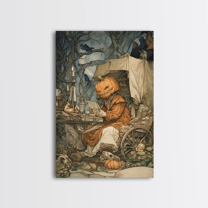 The Pumpkin-Headed Tea Merchant, Gothic Storybook Art, Vertical Wall Art, Dark Fantasy Wall Art, Framed Canvas Print