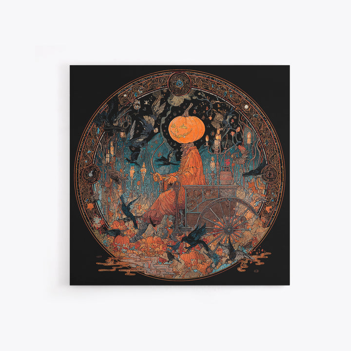 The Pumpkin-Headed Tea Merchant, Stained Glass Gothic Art, Square Wall Art, Macabre Wall Art, Canvas Print, Halloween Wall Art