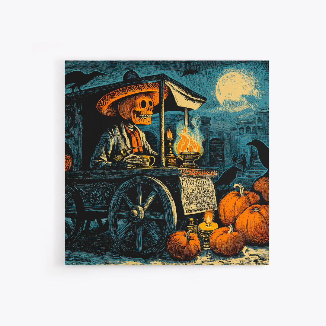 The Pumpkin-Headed Tea Merchant, Macabre Folk Print Art, Square Wall Art, Dark Halloween Decor, Canvas Print, Halloween Wall Art