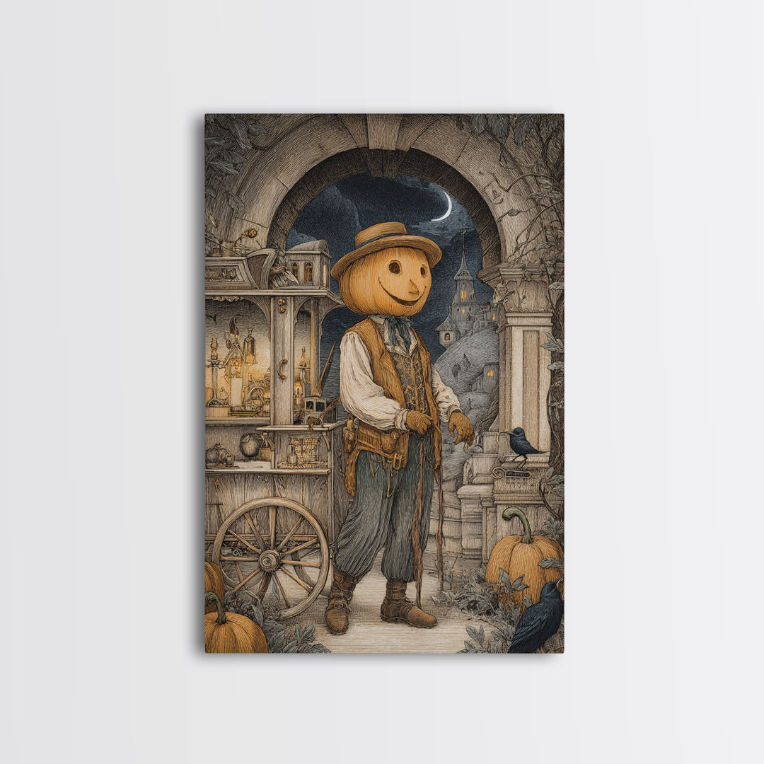 The Pumpkin-Headed Tea Merchant, Victorian Macabre Art, Vertical Wall Art, Macabre Wall Art, Framed Canvas Print, Halloween Wall Art