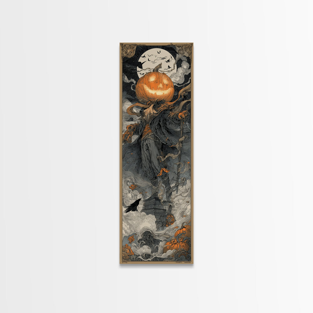 The Pumpkin-Headed Tea Merchant, Biomechanical Horror Art, Tall Narrow Wall Art, Macabre Wall Art, Canvas Print, Halloween Wall Art