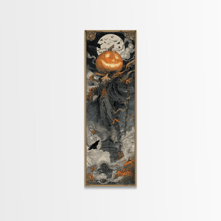 The Pumpkin-Headed Tea Merchant, Biomechanical Horror Art, Tall Narrow Wall Art, Macabre Wall Art, Canvas Print, Halloween Wall Art