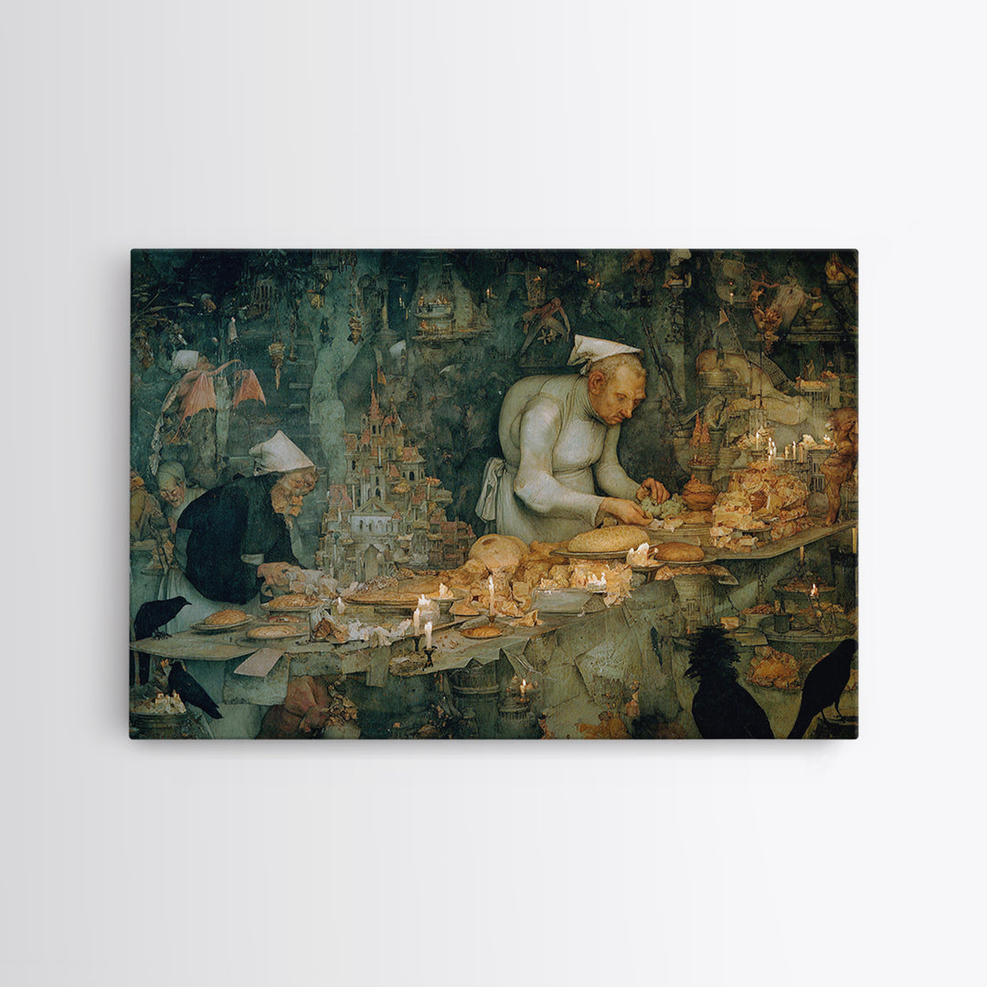 The Ghost Bakery, Medieval Grotesque Art, Landscape Wall Art, Macabre Wall Art, Framed Canvas Print, Halloween Wall Art