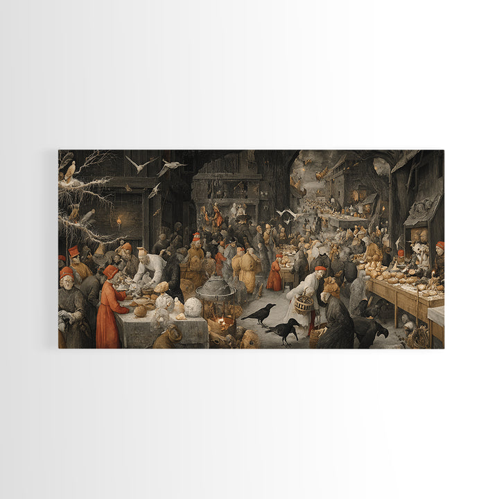 The Ghost Bakery, Northern Renaissance Horror, Wide Panoramic Art, Dark Halloween Decor, Framed Canvas Print, Halloween Wall Art