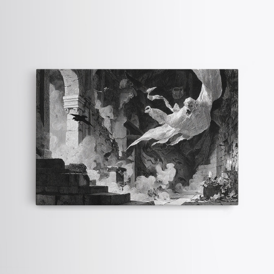 The Ghost Bakery, Architectural Etching Art, Landscape Wall Art, Macabre Wall Art, Framed Canvas Print, Halloween Wall Art
