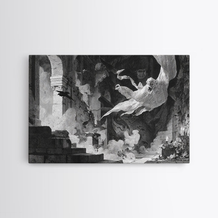 The Ghost Bakery, Architectural Etching Art, Landscape Wall Art, Macabre Wall Art, Framed Canvas Print, Halloween Wall Art
