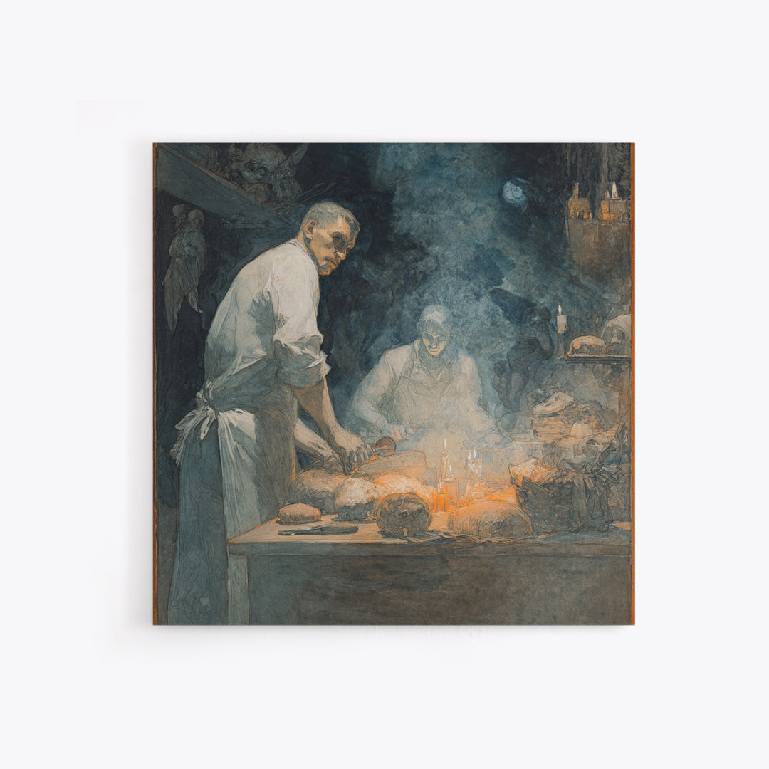 The Ghost Bakery, Symbolist Etching Art, Square Wall Art, Dark Halloween Decor, Framed Canvas Print, Halloween Wall Art